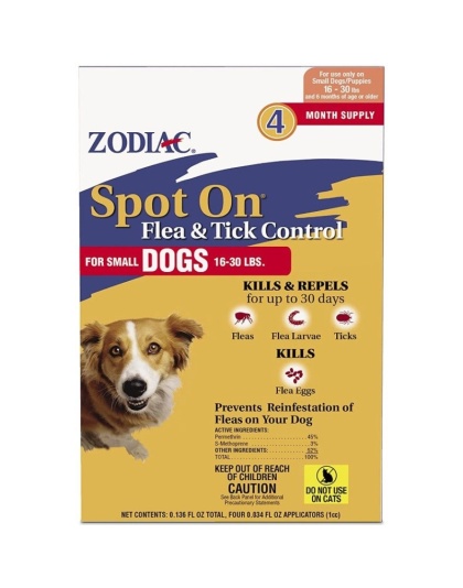 Zodiac Spot on Flea & Tick Controller for Dogs - Small Dogs 16-30 lbs (4 Pack)